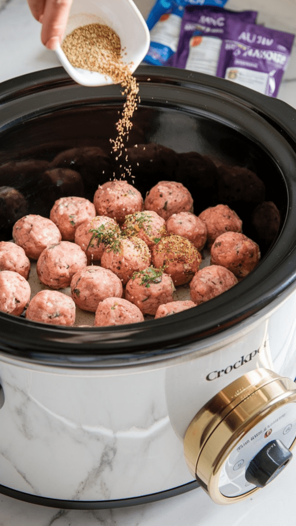 ranch and au jus seasoning being sprinkled over frozen meatballs in a crockpot