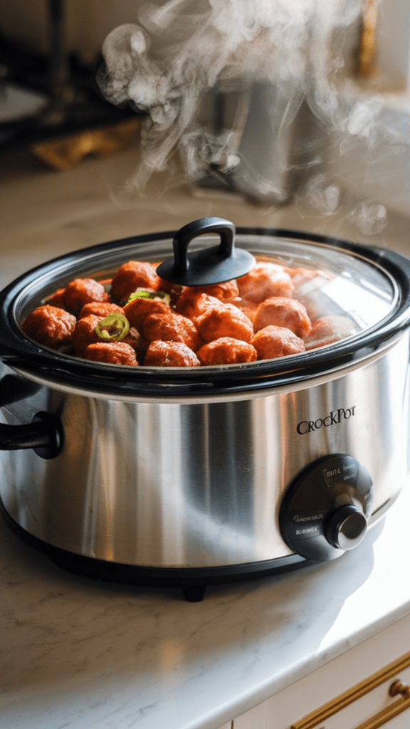 A crockpot with a glass lid showing steam inside