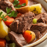 A hearty bowl of Crockpot Beef Stew Soup filled with tender chunks of beef, carrots, potatoes, celery, and a rich brown broth