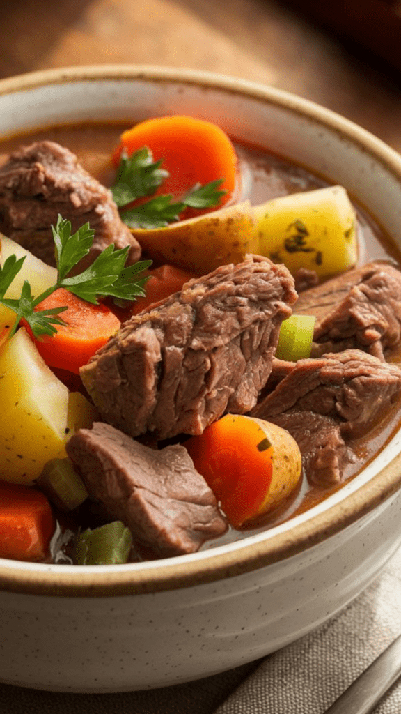 A hearty bowl of Crockpot Beef Stew Soup filled with tender chunks of beef, carrots, potatoes, celery, and a rich brown broth