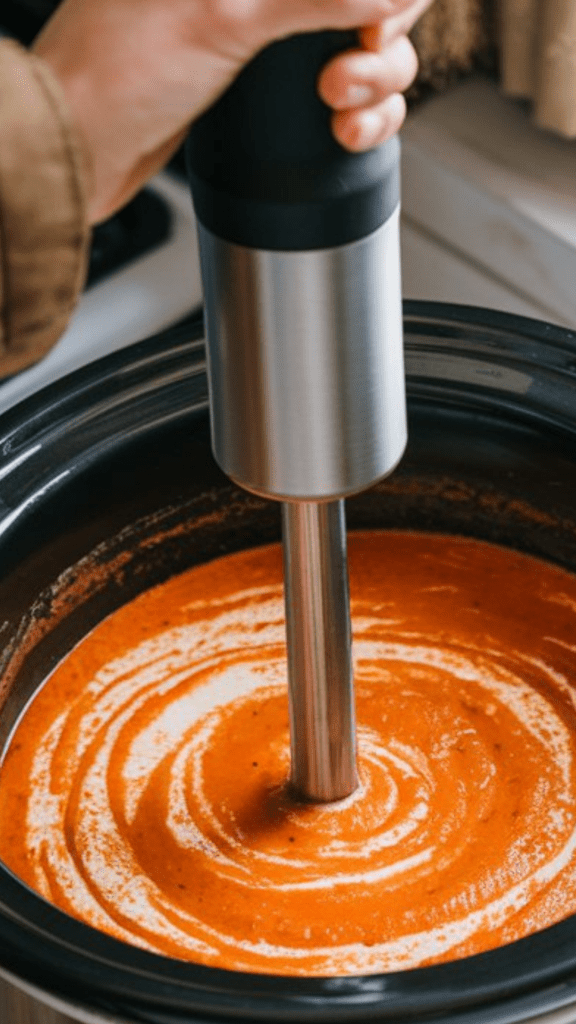 an immersion blender blending creamy tomato basil soup inside the crockpot