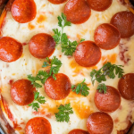 the bubbling crockpot cream cheese pizza dip, perfectly melted and creamy, topped with golden mozzarella, crispy mini pepperoni