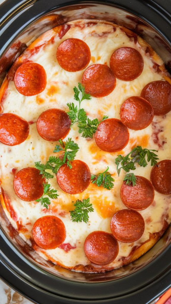 the bubbling crockpot cream cheese pizza dip, perfectly melted and creamy, topped with golden mozzarella, crispy mini pepperoni