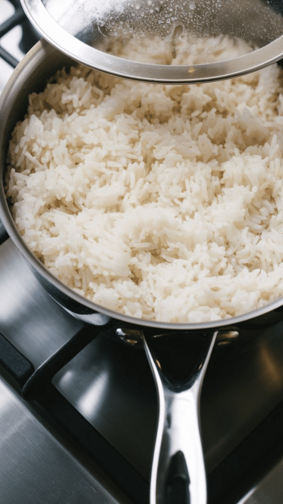 Fluffy white rice steaming in a medium saucepan with a glass lid