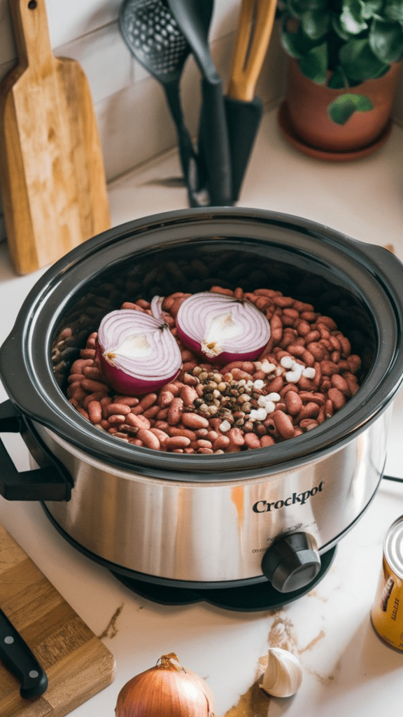 A crockpot filled with pinto beans, onion halves, garlic cloves, and spices