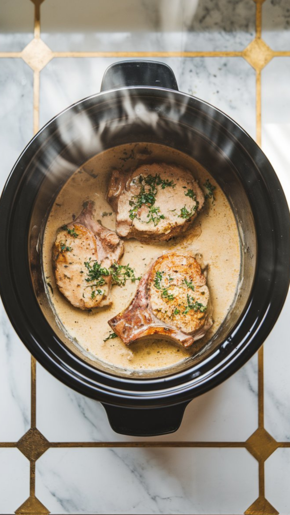 A crockpot with pork chops simmering in creamy gravy, steam rising, the sauce bubbling gently