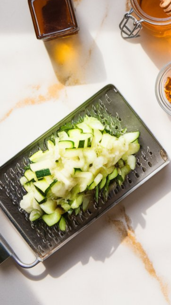 a zucchini being grated on a box grater