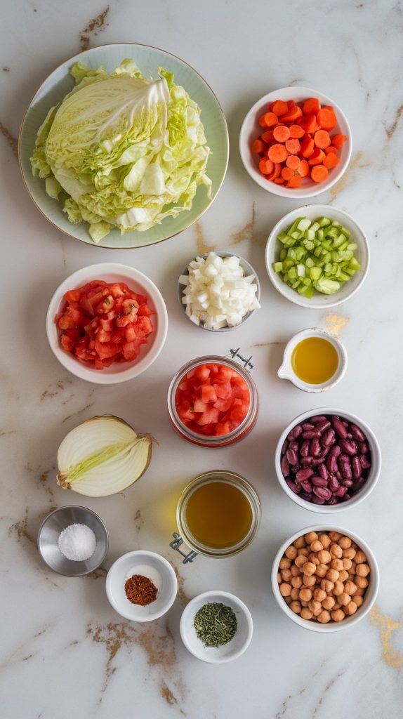 A neatly organized flat lay of chopped green cabbage, sliced carrots, diced potatoes, diced onion, celery slices, minced garlic, a can of diced tomatoes