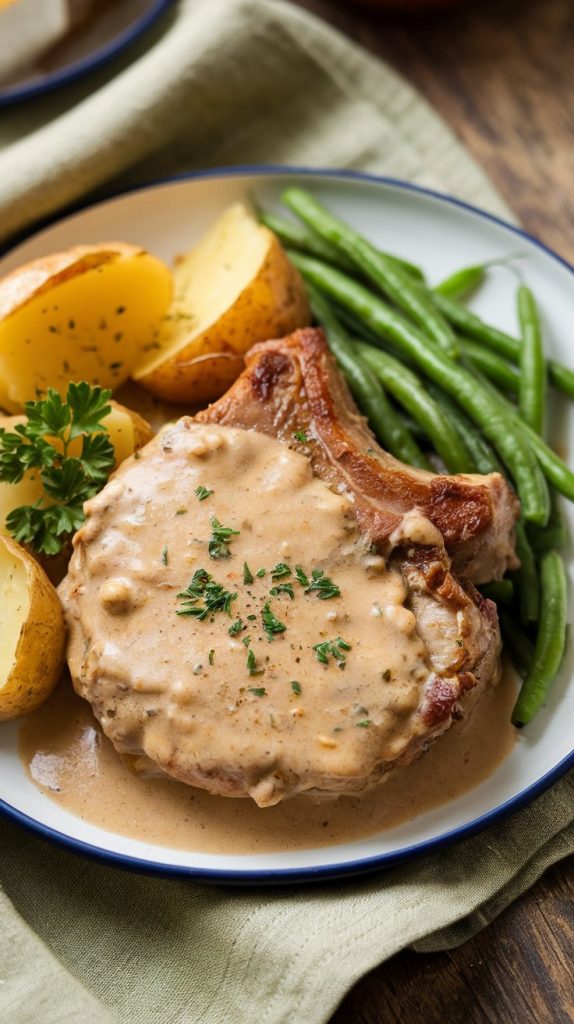 A serving spoon lifting a portion of creamy pork chops, potatoes, and green beans from the crockpot