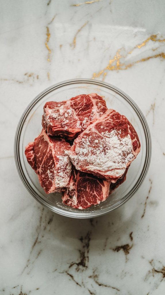 Floured chunks of raw beef in a glass bowl, ready for searing