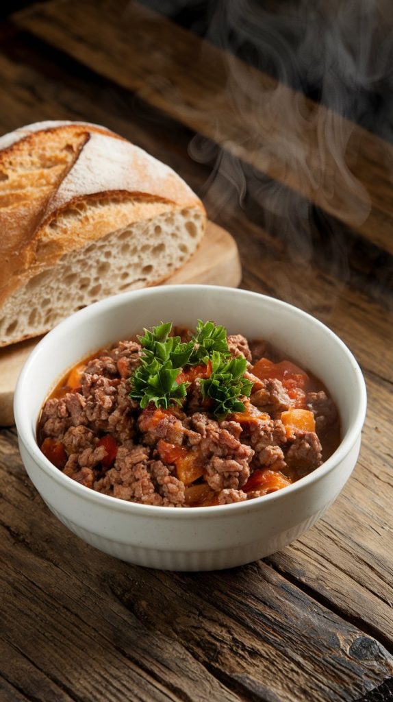 A warm bowl of ground beef crockpot dinner served with crusty bread on the side