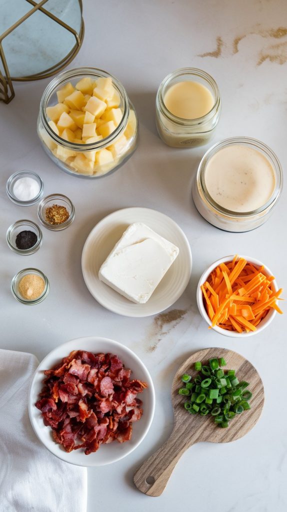 All the listed ingredients displayed on a white marble counter with hints of gold