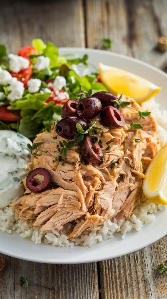 plated Greek chicken, shredded and topped with crumbled feta and fresh herbs, served with rice and a colorful Greek side salad