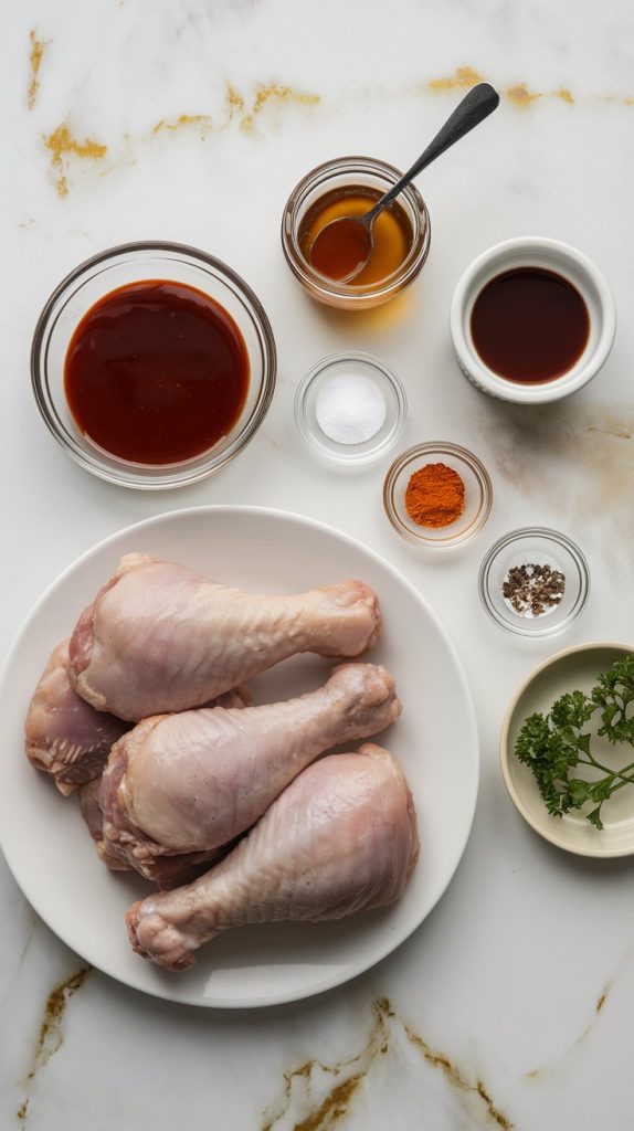 A clean, flat lay shot of raw chicken drumsticks, a small bowl of BBQ sauce