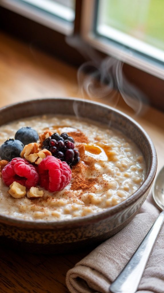 A bowl of creamy, slow-cooked steel-cut oatmeal topped with fresh berries