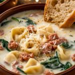 A close-up of a bowl of creamy tortellini soup, with tender cheese tortellini, fresh spinach, and a rich, creamy broth