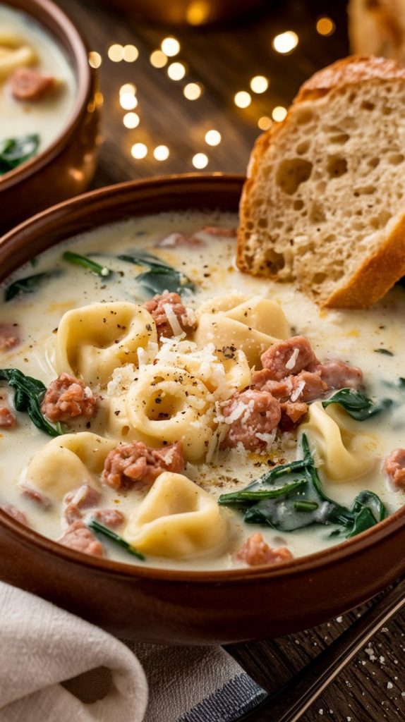 A close-up of a bowl of creamy tortellini soup, with tender cheese tortellini, fresh spinach, and a rich, creamy broth