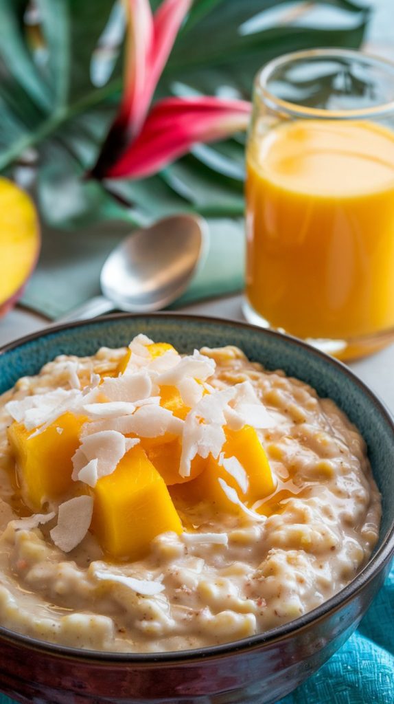 A bowl of creamy tropical oatmeal topped with fresh mango chunks