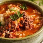 a ladle scooping Crockpot Cabbage Roll Soup into a rustic ceramic bowl