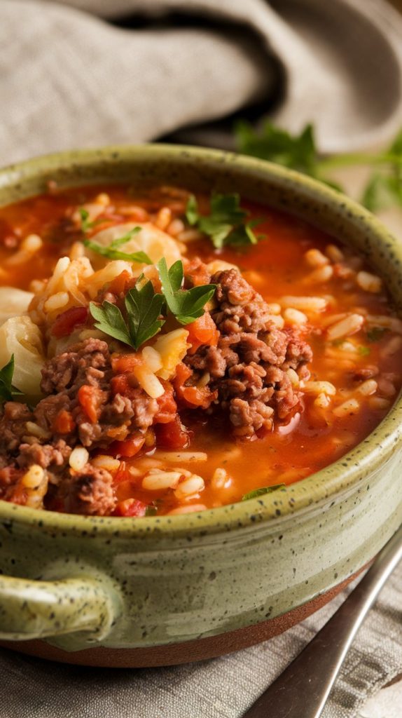 a ladle scooping Crockpot Cabbage Roll Soup into a rustic ceramic bowl