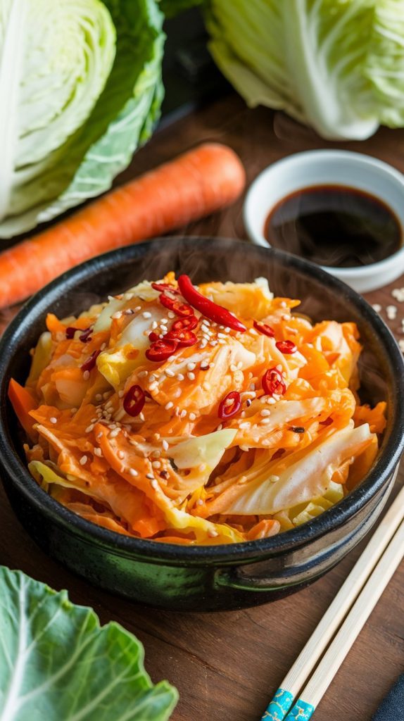 A steaming bowl of spicy crockpot cabbage stir fry served over rice