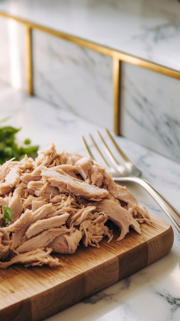 shredded chicken on a wooden cutting board with a fork next to it