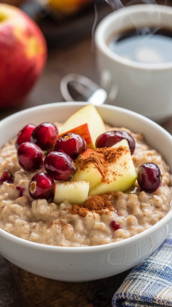 a bowl of warm cranberry apple crockpot oatmeal, topped with fresh cranberries