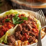 A ladle scooping a hearty portion of Crockpot Cabbage Beef Bake out of the slow cooker