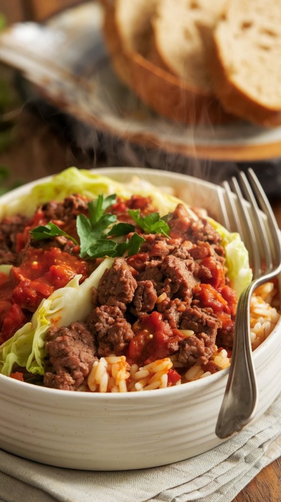 A ladle scooping a hearty portion of Crockpot Cabbage Beef Bake out of the slow cooker