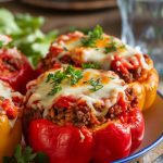 Fully cooked stuffed bell peppers being served onto a white plate, garnished with fresh parsley