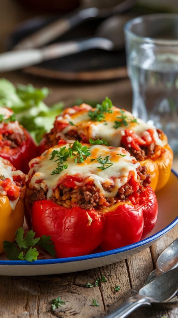 Fully cooked stuffed bell peppers being served onto a white plate, garnished with fresh parsley