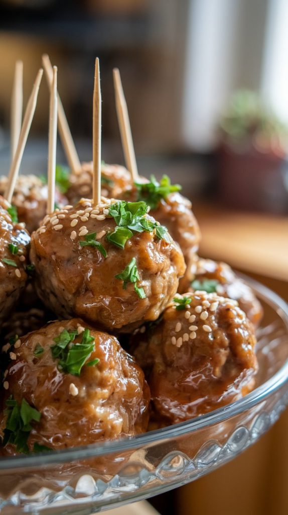 A serving platter filled with glossy honey garlic meatballs