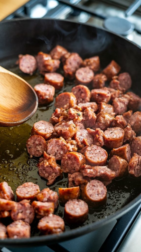 Italian sausage cooking in a large skillet, browned and crumbled