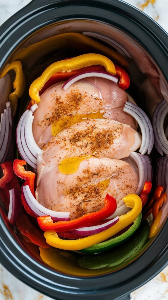 sliced bell peppers, onions, and raw chicken breasts arranged in a crockpot