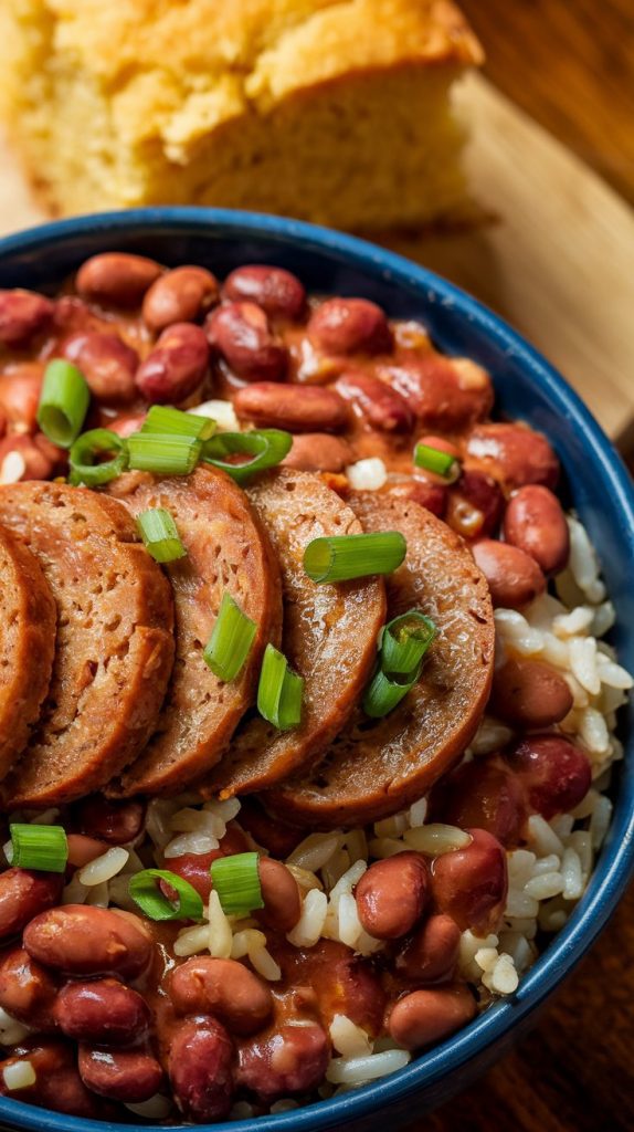 a hearty bowl of red beans and rice topped with slices of browned sausage