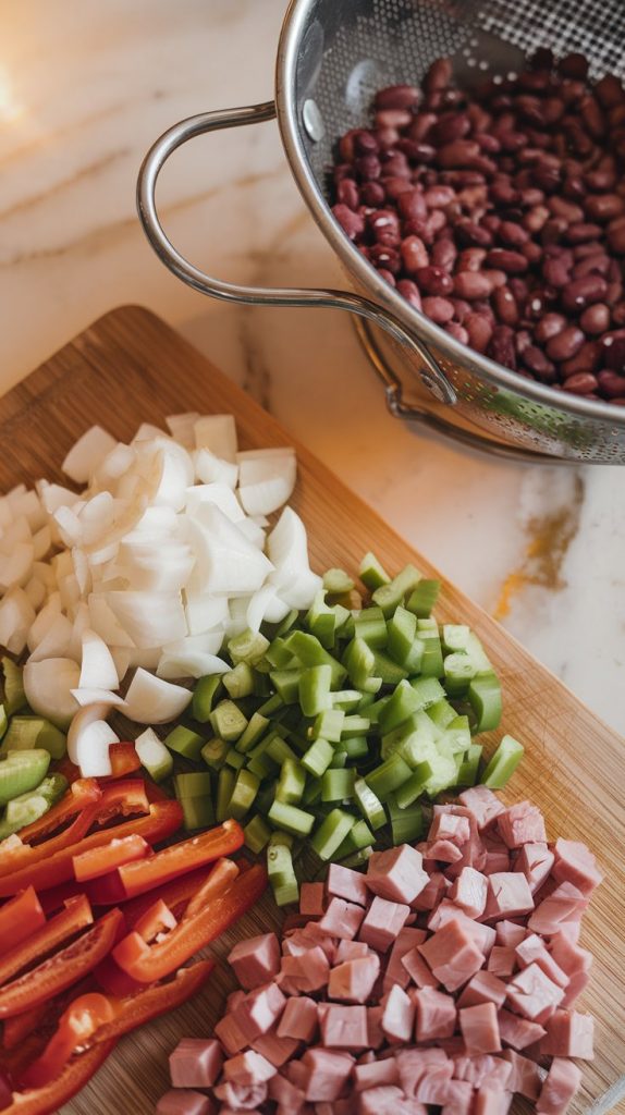 Chopped onion, bell pepper, celery, garlic, and diced ham arranged on a wooden cutting board