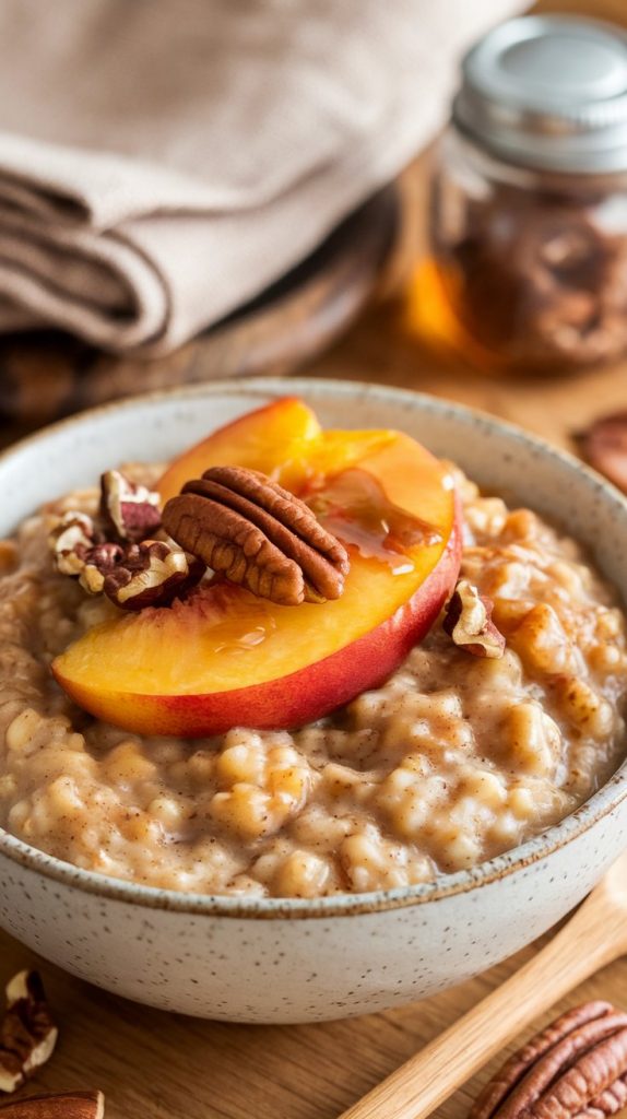 A comforting bowl of slow cooker peach cobbler oatmeal, topped with golden