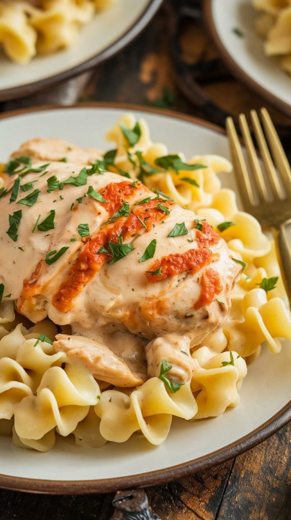 A cozy, close-up of Crockpot Angel Chicken served over a bed of buttery pasta