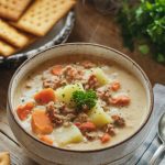 A close-up of a bowl of finished soup, garnished with parsley