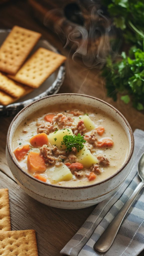 A close-up of a bowl of finished soup, garnished with parsley