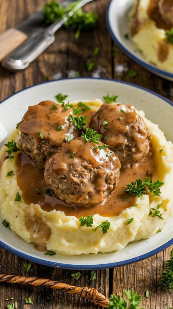 A final plated shot of Salisbury steak meatballs over creamy mashed potatoes