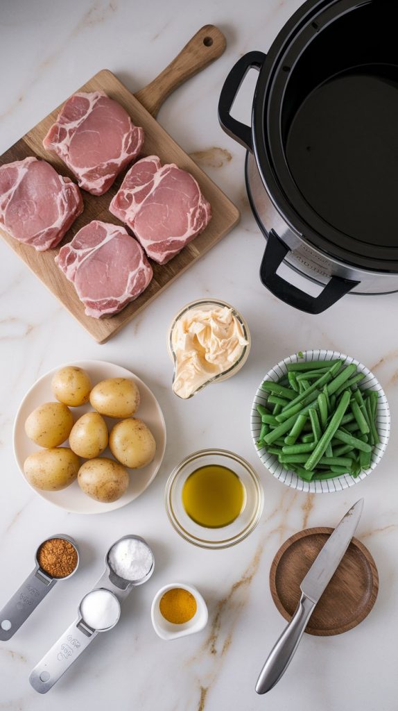 all ingredients for crockpot pork chops: 4 raw boneless pork chops, a pile of baby potatoes