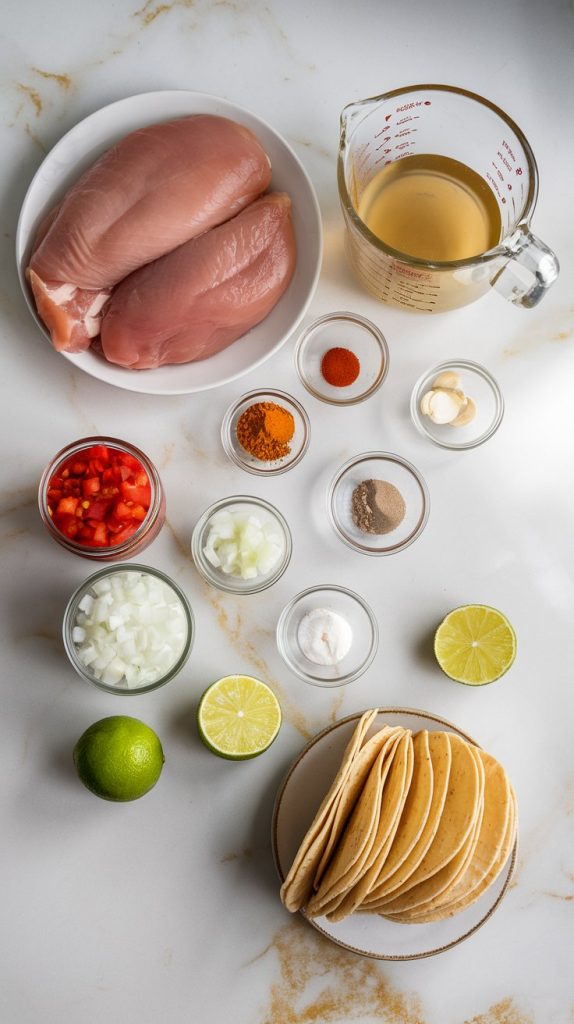 A flat lay of all the ingredients for spicy crockpot chicken tacos