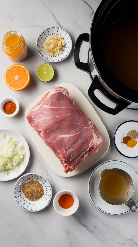 all ingredients for crockpot carnitas on white marble counters with hints of gold