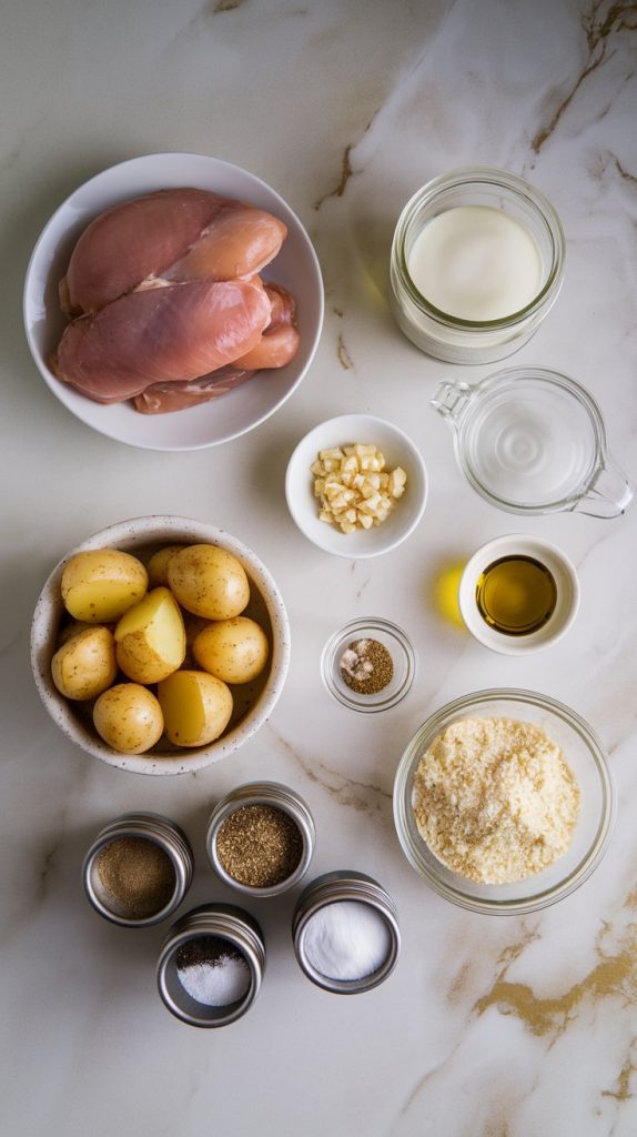 all ingredients for Crockpot Garlic Parmesan Chicken and Potatoes