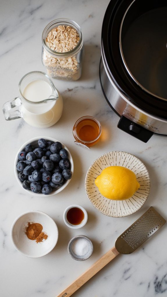 all ingredients for overnight lemon blueberry oatmeal