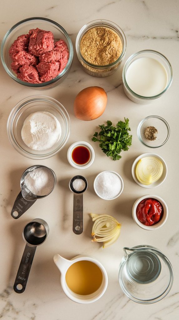 all ingredients for Salisbury steak meatballs and gravy