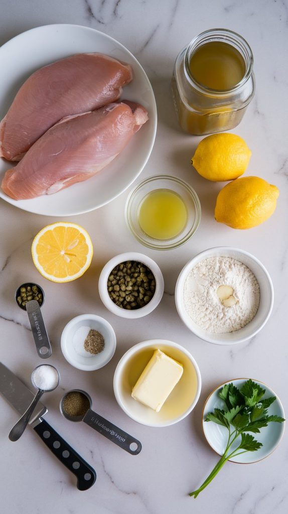 A flat-lay shot of all the ingredients for crockpot chicken piccata