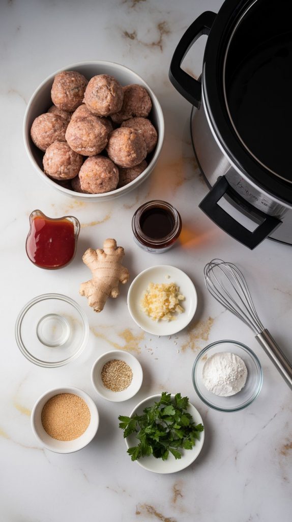 all the ingredients for Honey Garlic Crockpot Meatballs