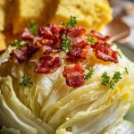 a steaming plate of smothered cabbage served with cornbread slices on the side